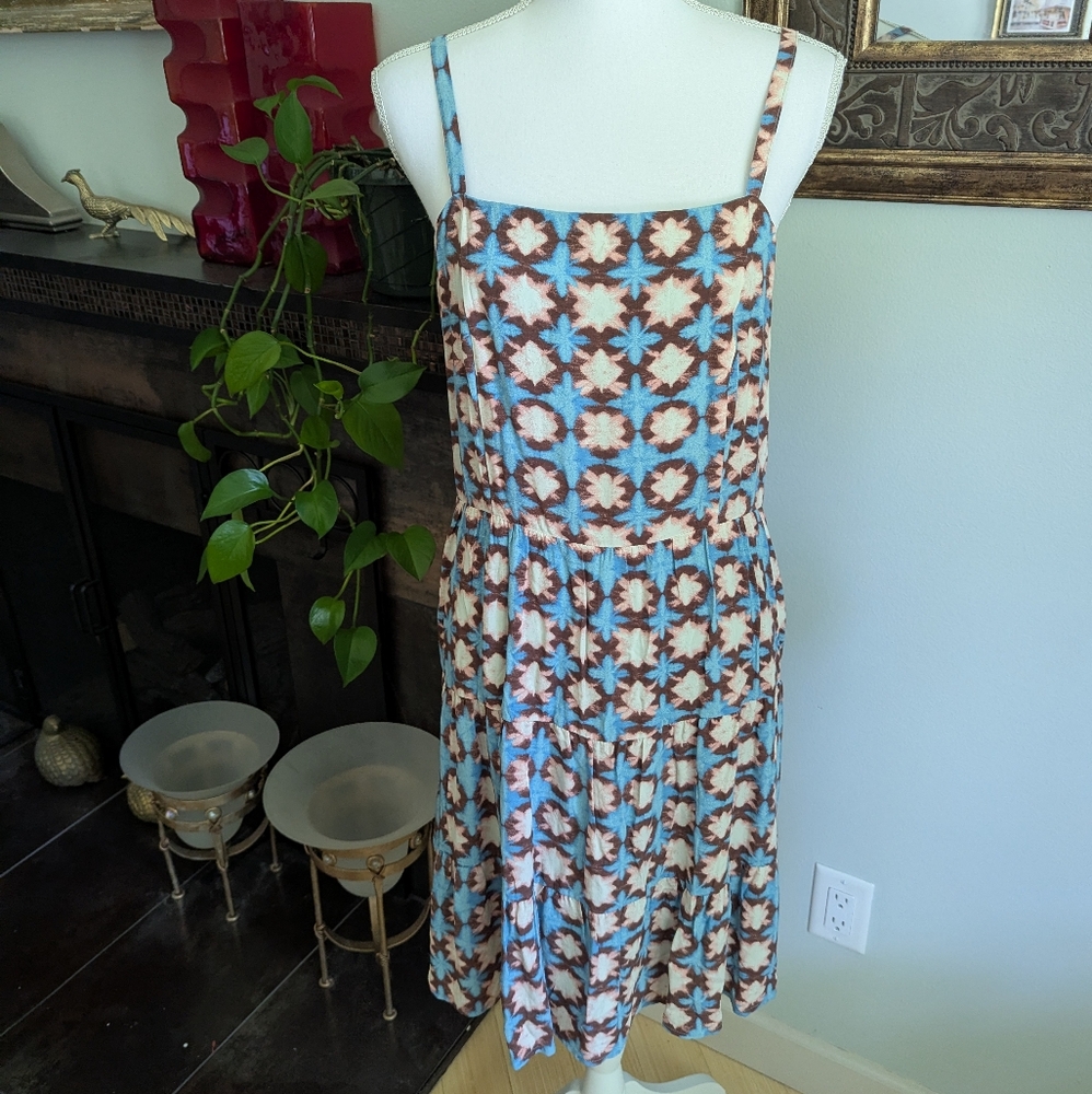 NEW LOFT 10 Sunwashed Floral Smocked Back Dress Blue Brown Peach Geometric 160